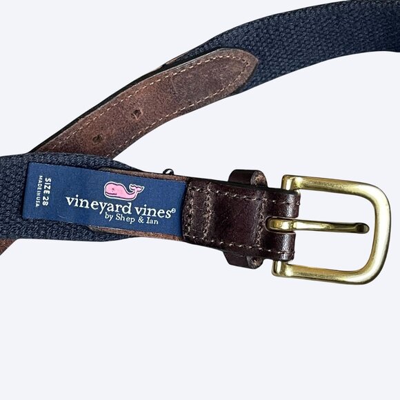 Vineyard Vines Belt Sz 28 Marlin Swordfish Ribbon Print on Canvas Web Brass Blue - Picture 5 of 5
